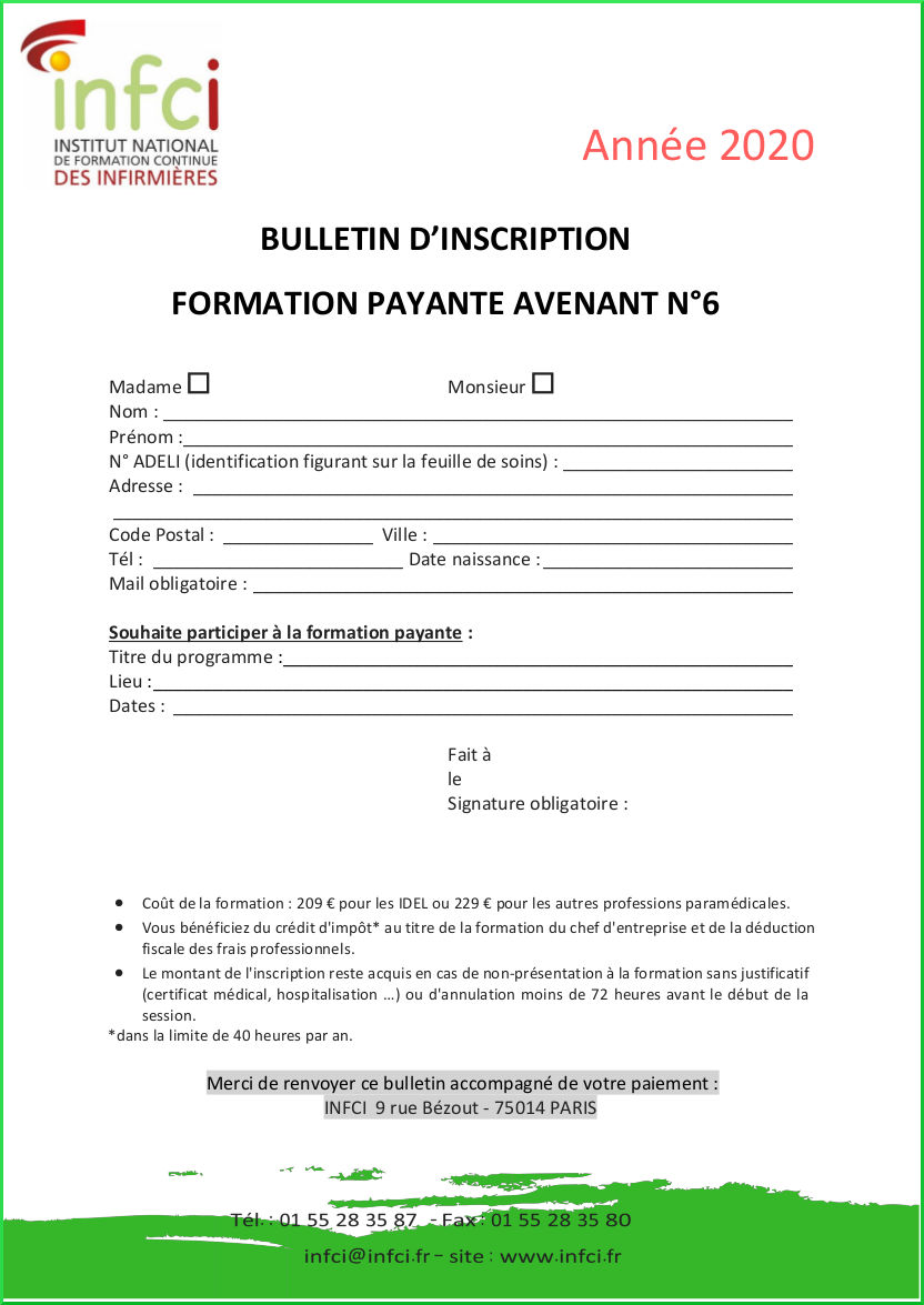 Bulletin d'inscription Avenant 6 Payant